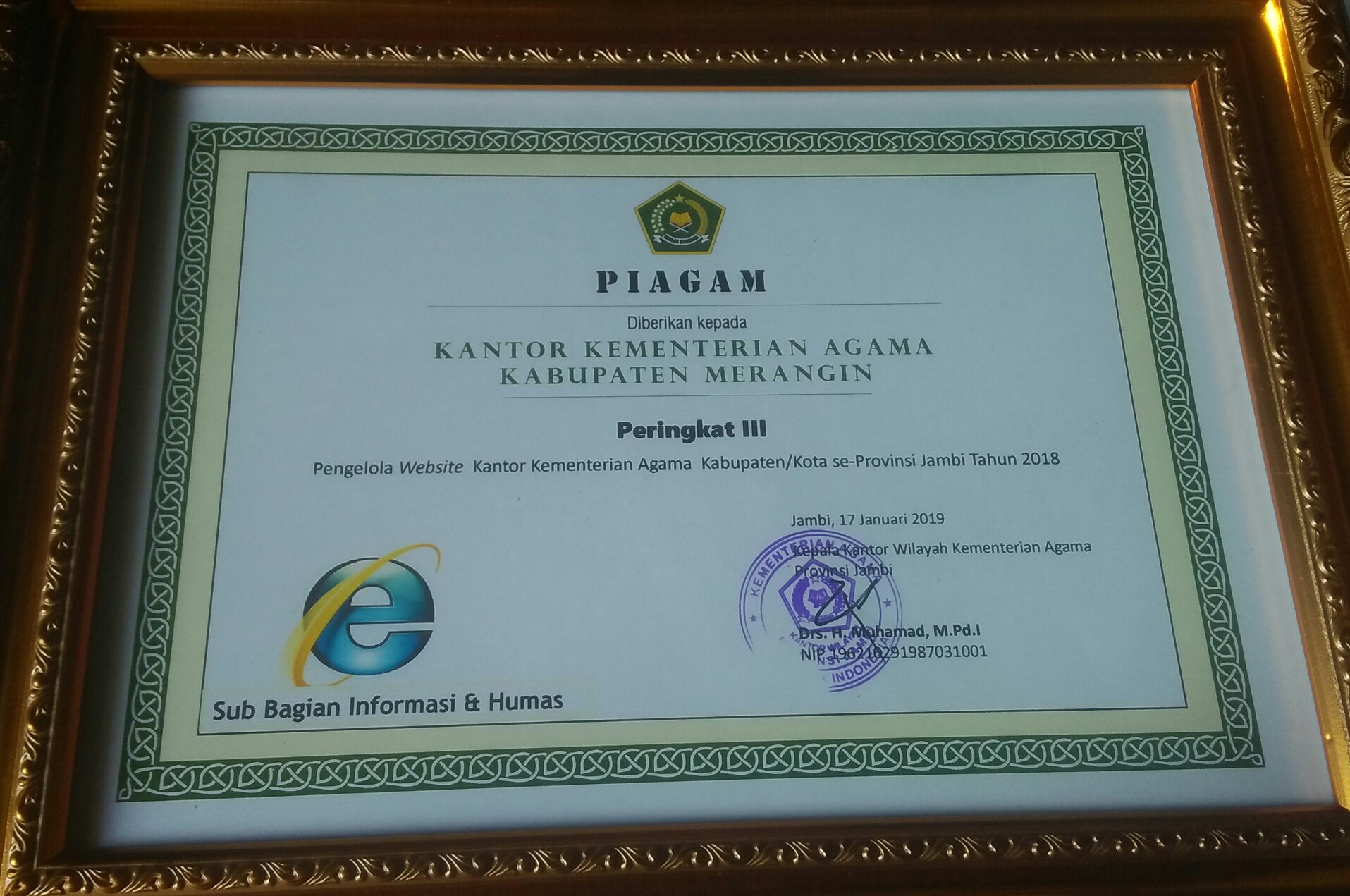 Kepala Kemenag Merangin Apresiasi Raihan Prestasi 2018