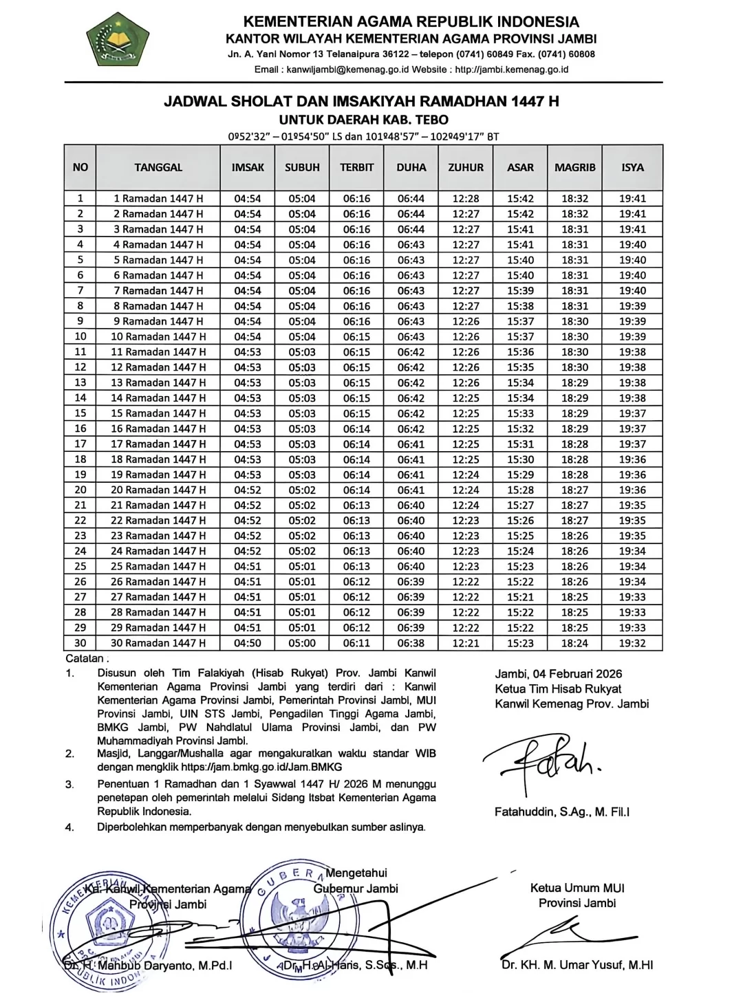 Jadwal Sholat dan Imsakiyah Ramadhan 1447 H Kabupaten Tebo
